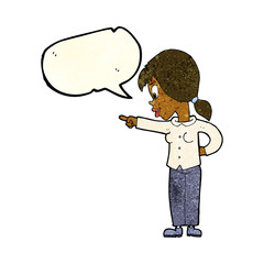 cartoon enthusiastic woman pointing with speech bubble
