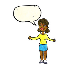 cartoon happy woman shrugging shoulders with speech bubble