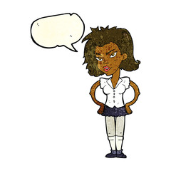 cartoon woman with hands on hips with speech bubble