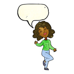 cartoon happy woman dancing with speech bubble