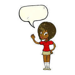 cartoon pretty woman waving with speech bubble