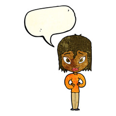 cartoon satisfied woman with speech bubble