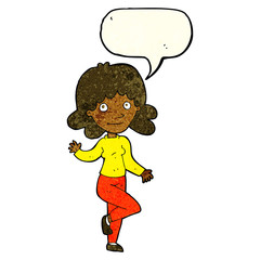 cartoon friendly woman waving with speech bubble