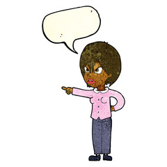 cartoon woman accusing with speech bubble