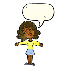 cartoon woman with open arms with speech bubble