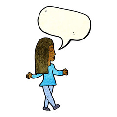 cartoon woman shrugging shoulders with speech bubble
