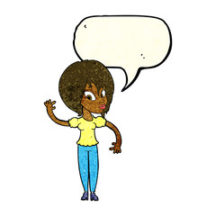 cartoon woman waving with speech bubble