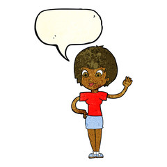 cartoon woman waving with speech bubble