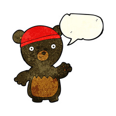 cartoon black bear wearing hat with speech bubble