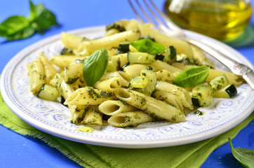 Penne with zucchini and basil pesto.