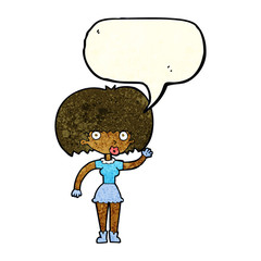 cartoon woman waving with speech bubble