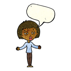 cartoon suspicious woman with speech bubble