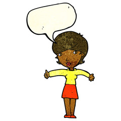 cartoon woman giving thumbs up symbol with speech bubble