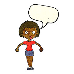 cartoon confused woman shrugging shoulders with speech bubble