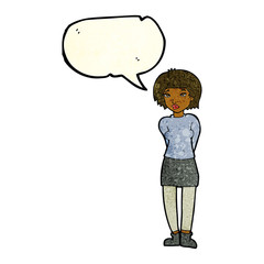 cartoon shy woman with speech bubble