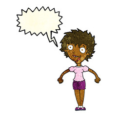 cartoon excited woman with speech bubble