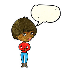 cartoon woman considering with speech bubble