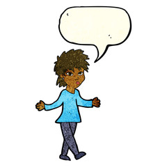cartoon woman shrugging shoulders with speech bubble