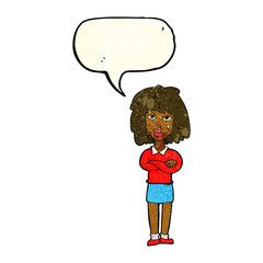 cartoon tough woman with folded arms with speech bubble