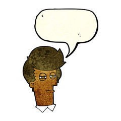 cartoon man with narrowed eyes with speech bubble