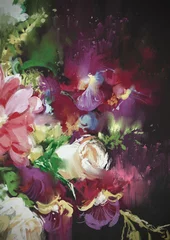 Fototapeten bouquet flowers on dark background in oil painting style,illustration © grandfailure