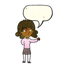 cartoon friendly woman with speech bubble