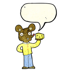 cartoon mouse holding cheese with speech bubble