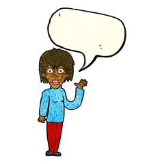 cartoon shocked woman waving hand with speech bubble