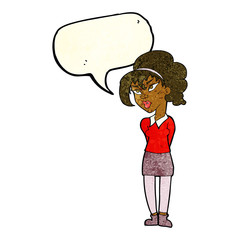 cartoon pretty girl tilting head with speech bubble