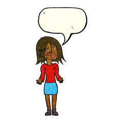 cartoon woman shrugging shoulders with speech bubble