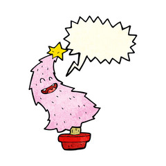 cartoon dancing christmas tree with speech bubble