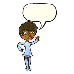 cartoon pretty woman waving with speech bubble