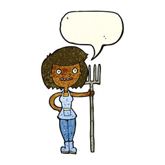 cartoon happy farmer girl with speech bubble