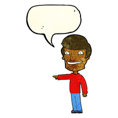 cartoon happy man pointing with speech bubble