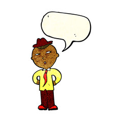 cartoon man wearing hat with speech bubble