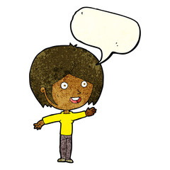 cartoon happy girl waving with speech bubble