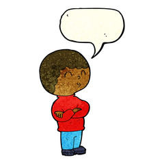 cartoon boy with folded arms with speech bubble