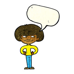 cartoon boy with hands on hips with speech bubble