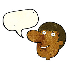 cartoon happy male face with speech bubble