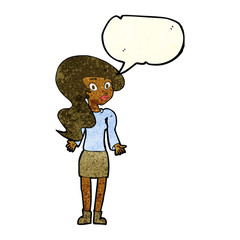 cartoon woman shrugging shoulders with speech bubble