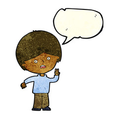 cartoon unhappy boy giving peace sign with speech bubble