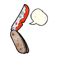 cartoon bloody folding knife with speech bubble