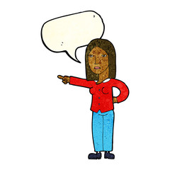 cartoon woman pointing with speech bubble