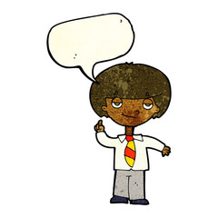 cartoon school boy answering question with speech bubble