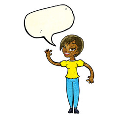 cartoon woman waving with speech bubble