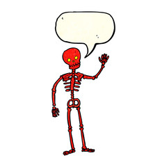 cartoon waving skeleton with speech bubble