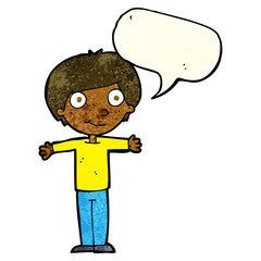 cartoon happy boy with open arms with speech bubble