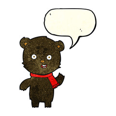 cartoon waving black bear cub with scarf with speech bubble