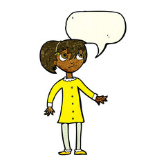cartoon worried girl with speech bubble