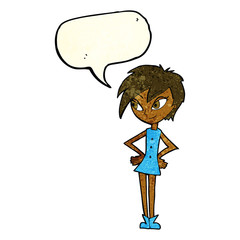 cartoon girl with hands on hips with speech bubble
